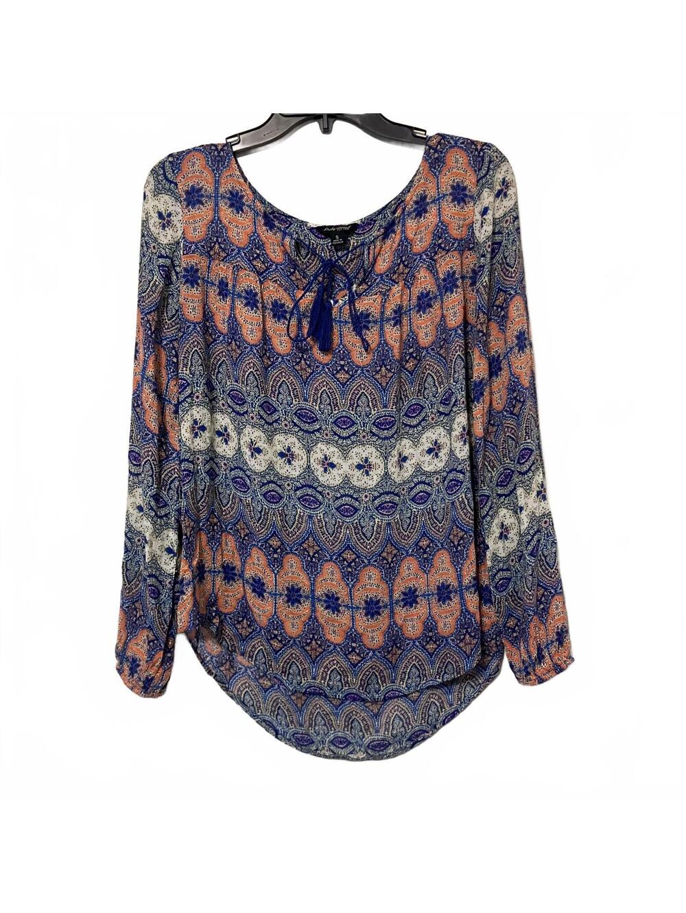 Lucky Brand Blue Orange Boho Chic Artsy Women's Artsy Long Sleeve Blouse Small